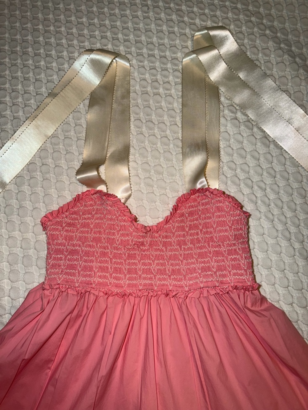 Lovelo Pink Smocked Tiered Midi Dress with Ribbon Straps - Picture 4 of 10
